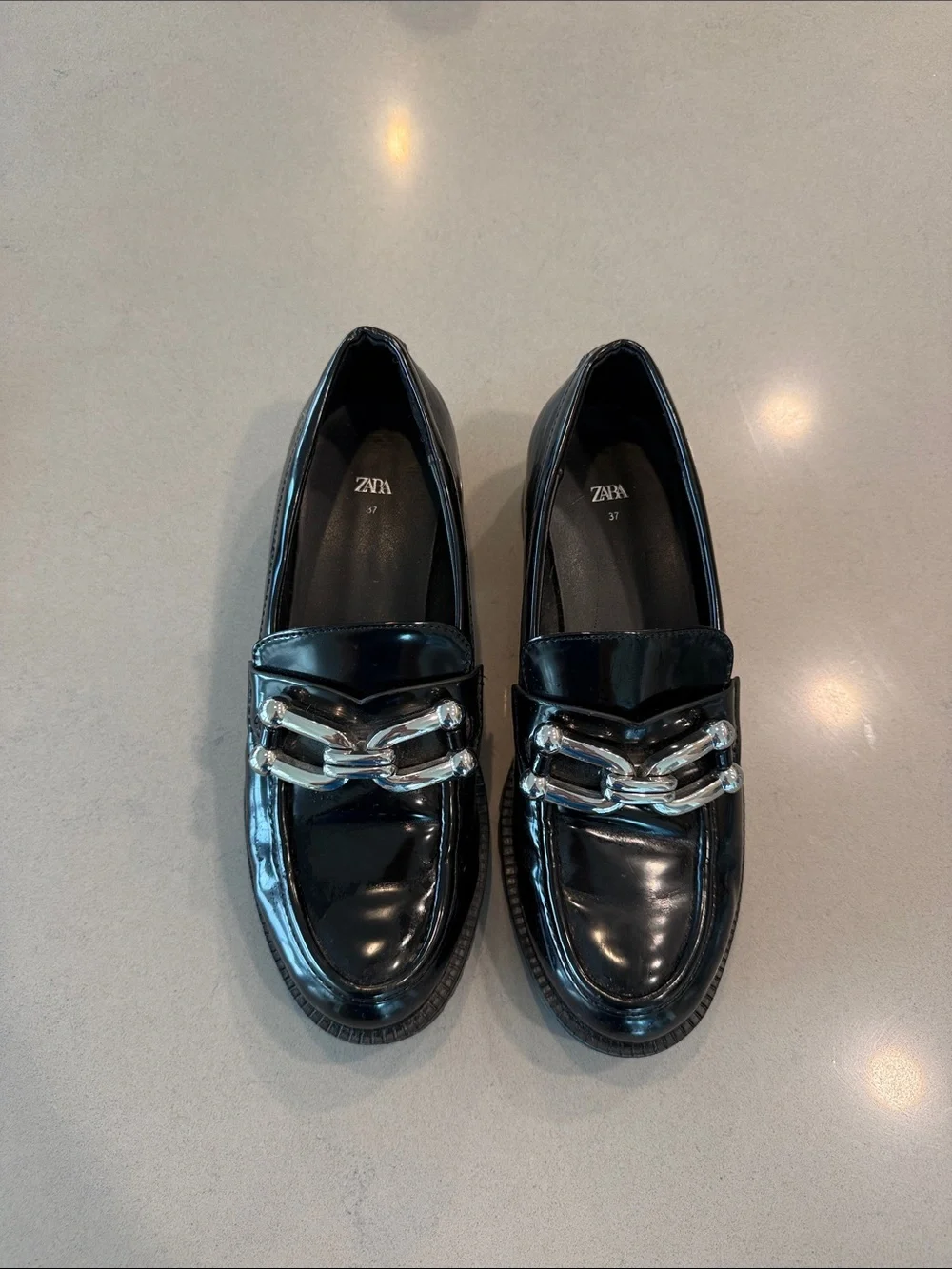 Zara Black Patent Loafers with Silver Chain Detail